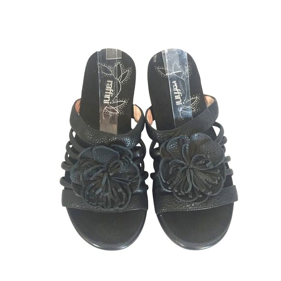 Umberto Raffini Platform Sandal Black Leather Slide Slip-On Flower Womens 8.5-9 - Picture 2 of 10